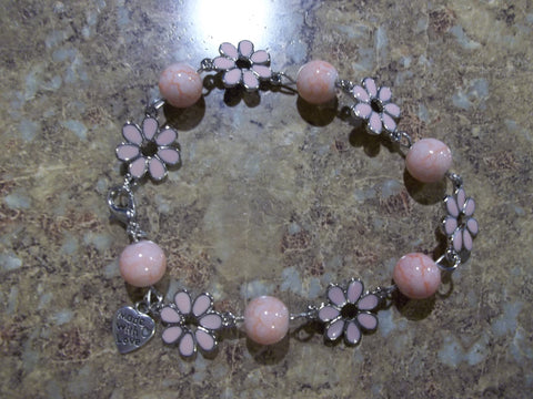 Silver Pink Glass Bead Flowers Bracelet (B301)