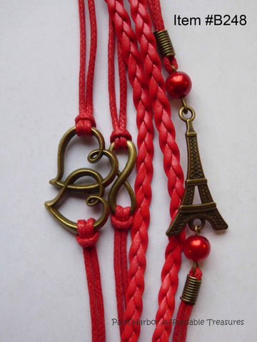 Multi Layer Metal Leather Rope, Hearts, Infinity, Eiffel Tower, Red Pearls Bracelet (B248)