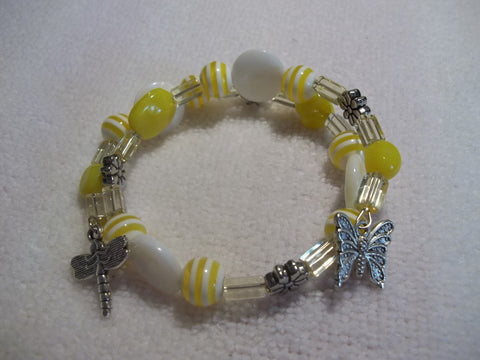 Yellow Glass Bead Silver Butterfly Dragonfly Bracelet (B319)