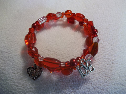Red Pink Glass Bead Silver Heart and "Love" Bracelet (B320)