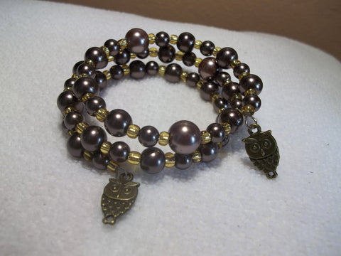 Memory Wire Brown Glass Beads Bronze Owls Bracelet (B324)