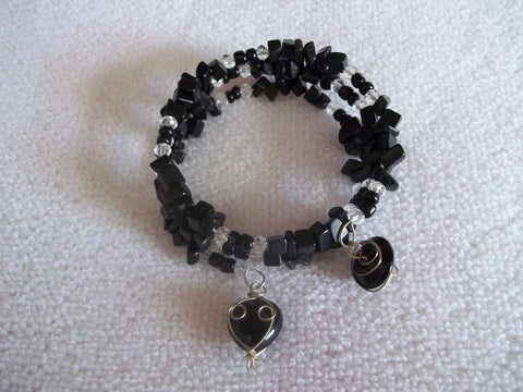 Memory Wire Black Rock Clear Crystal Wrapped Black Beads Bracelet (B347)