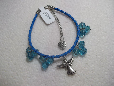 Blue Braid Leather Blue Crystals Silver Angel Bracelet (B380)