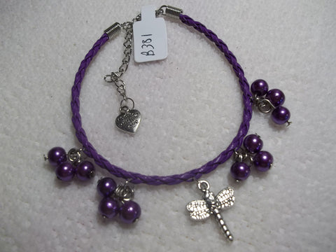 Purple Braid Leather Purple Pearls Silver Dragonfly Bracelet (B381)