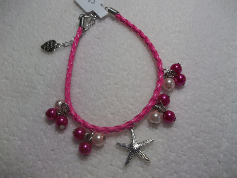 Bright Pink Braid Leather Pink Pearls Silver Starfish Bracelet (B382)