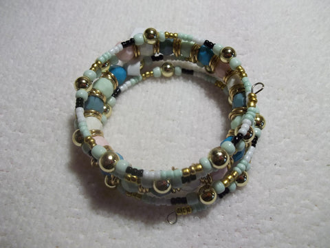 Memory Wire Blue Pink White Multi Color Bead Bracelet (B404)