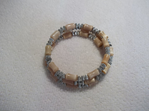 Memory Wire Silver Tan Bead Bracelet (B432)
