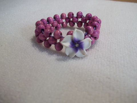 Stretchy Pink Wooden Beads White Purple Flower Bracelet (B444)