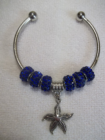 Silver Deep Blue Sparkle Beads Silver Starfish Cuff Bracelet (B454)