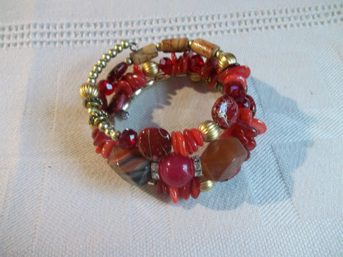 Memory Wire Red Gold Brown Beads Bracelet (B493)
