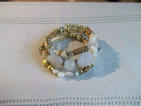 Memory Wire White Brown Gold Beads Bracelet (B494)