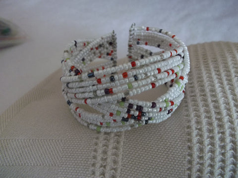Memory Wire White Multi Color Seed Beads Braided Bracelet (B511)