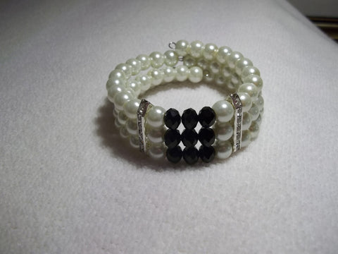 Memory Wire Black Crystal Silver Bling Pearls Bracelet (B516)