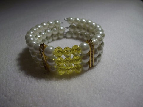 Memory Wire Yellow Crystal Gold Bling Pearls Bracelet (B520)