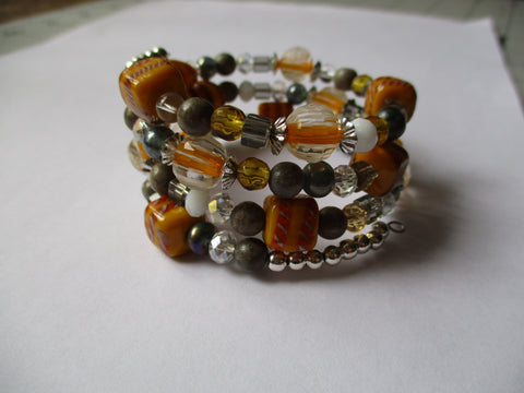Memory Wire Yellow Gray Clear Glass Beads Bracelet (B535)