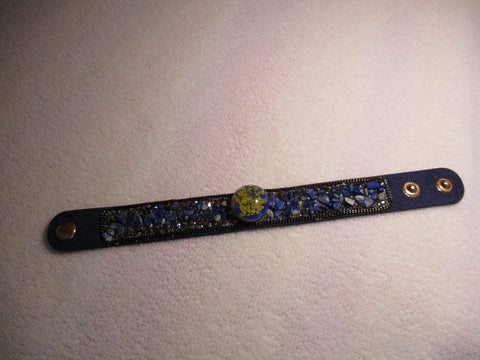 Blue Leather Blue Rock Chips Flower Snap Button Snap Bracelet (B543)