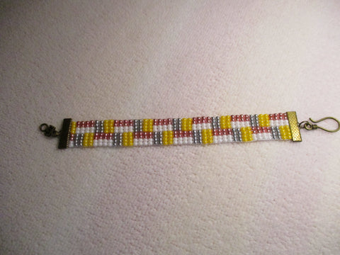 Silver White Yellow Pink Glass Seed Bead Loom Bracelet (B549)