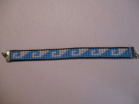 Black Leather Blue White Seed Beads Waves Magnet Bracelet (B575)