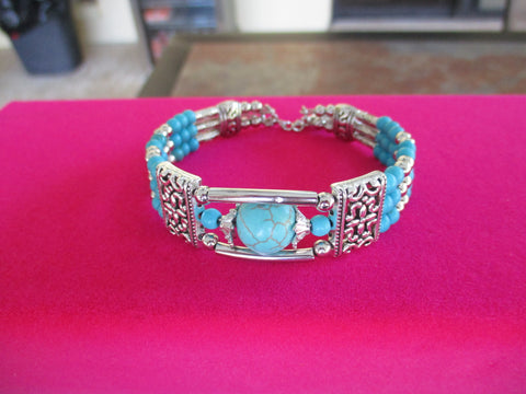 Silver Turquoise Triple Row Memory Wire Bracelet (B583)