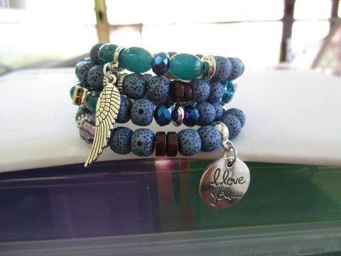 Blue Silver Beads Wooden Beads "I Love You" and Wing Charms Memory Wire Bracelet (B590)