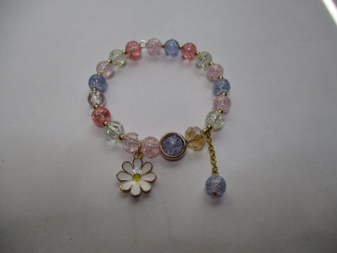 Multi Color Crackle Glass Beads Memory Wire Bracelet with Flower (B603)