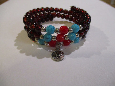Deep Red, Turquoise, Red Glass Beads Silver Hanging Charm Memory Wire Bracelet (B613)