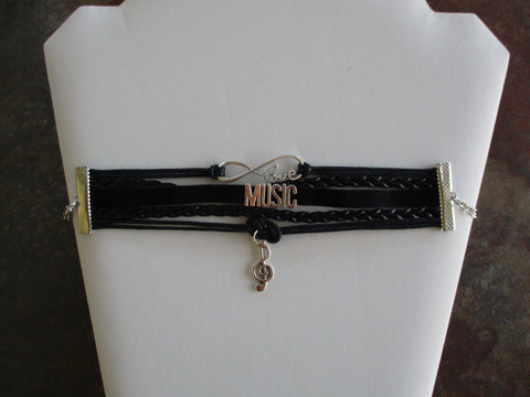 Black Suede Leather Silver Music Charms Bracelet (B614)