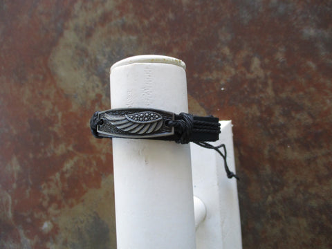 Black Leather Black Cord Wing Pendant Adjustable Bracelet (B622)