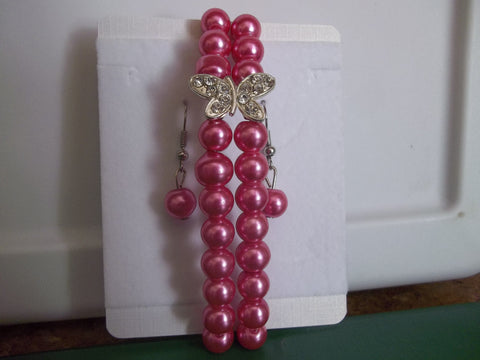 Pink Pearl Silver Butterfly Stretchy Bracelet with Earrings (BE100)