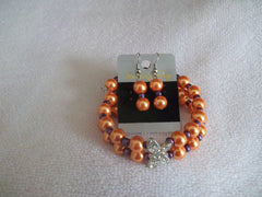 Double Memory Wire Orange Pearls Purple seed beads Silver Butterfly Bracelet Earrings (BE103)