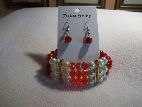 Triple Row Red White Pearl Glass Beads Gold Bling Stretchy Bracelet Earrings (BE107)