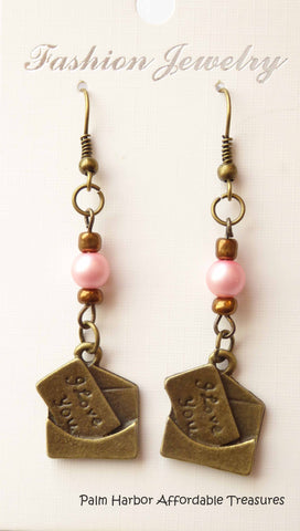 Bronze Letter Envelope Pink Bead Earrings (E634)