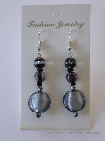 Black Silver Flat Glass Bead Earrings (E636)