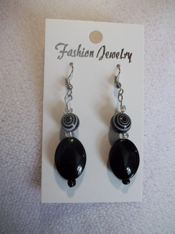 Silver Black White Glass Bead Earrings (E727)