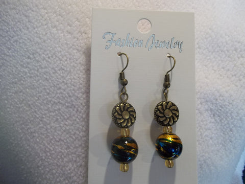 Bronze Glass Black Blue Gold Bead Earrings (E779)