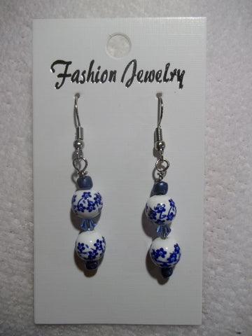 Blue White Flower Glass Bead Earrings (E791)