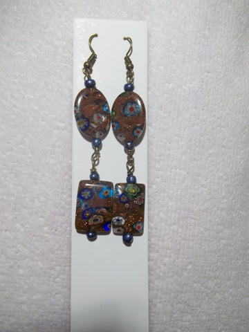 Bronze Copper Flower Blue Glass Bead Earrings (E798)