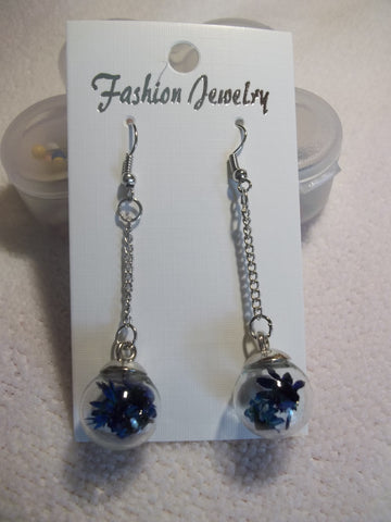 Silver Chain Blue Dried Flower Earrings (E823)
