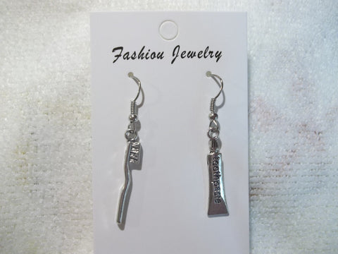 Silver Tooth Paste Tooth Brush Earrings (E906)