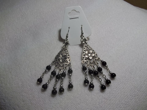 Silver Black Glass Bead Earrings (E918)