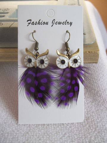 Bronze Purple Owl Feather Earrings (E924)
