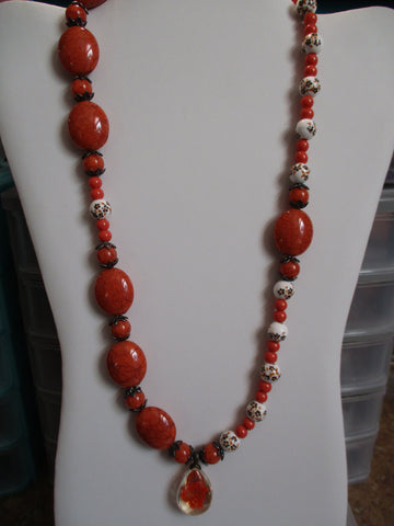 Orange Brown Beads Bronze Bead Caps Flower Pendant Necklace (N1178)