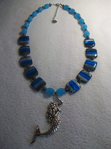 Silver Blue Glass Beads Mermaid Necklace (N1022)