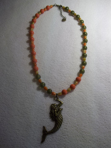 Bronze Peach Green Glass Beads Mermaid Necklace (N1023)