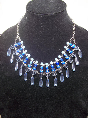 Silver Chain Blue Glass Beads Tear Drop Necklace (N1069)