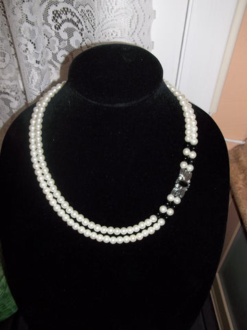 Double Pearl Black Glass Beads Bling Necklace (N1094)