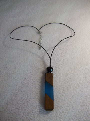Black Cord Black Bead Double Wood Blue Pendant Necklace (N1115)