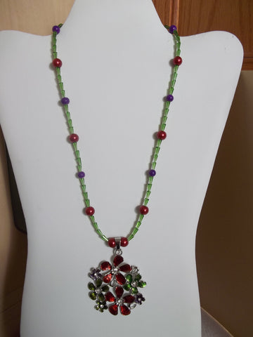 Purple Bead Red Pearl Green Glass Cone Beads Flower Pendant Necklace (N1139)
