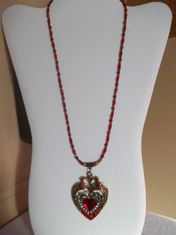 Bronze Red Cone Glass Bead Heart Pendant Necklace (N1141)