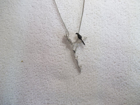 Silver Branch Black Bird Pendant Necklace (N1160)